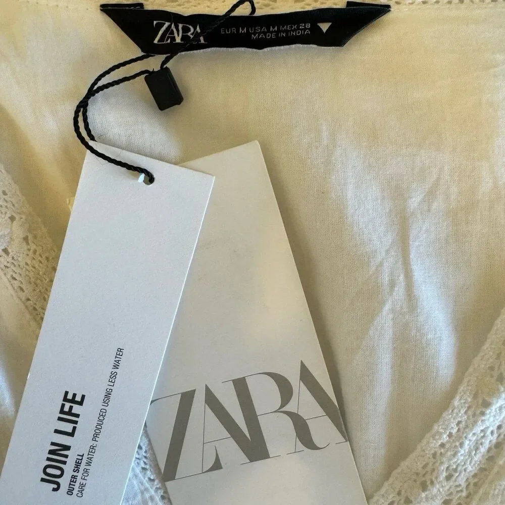 NWT Zara Lace Insert Trim Balloon Sleeve Cotton Tiered Mini Dress in White - Picture 11 of 12